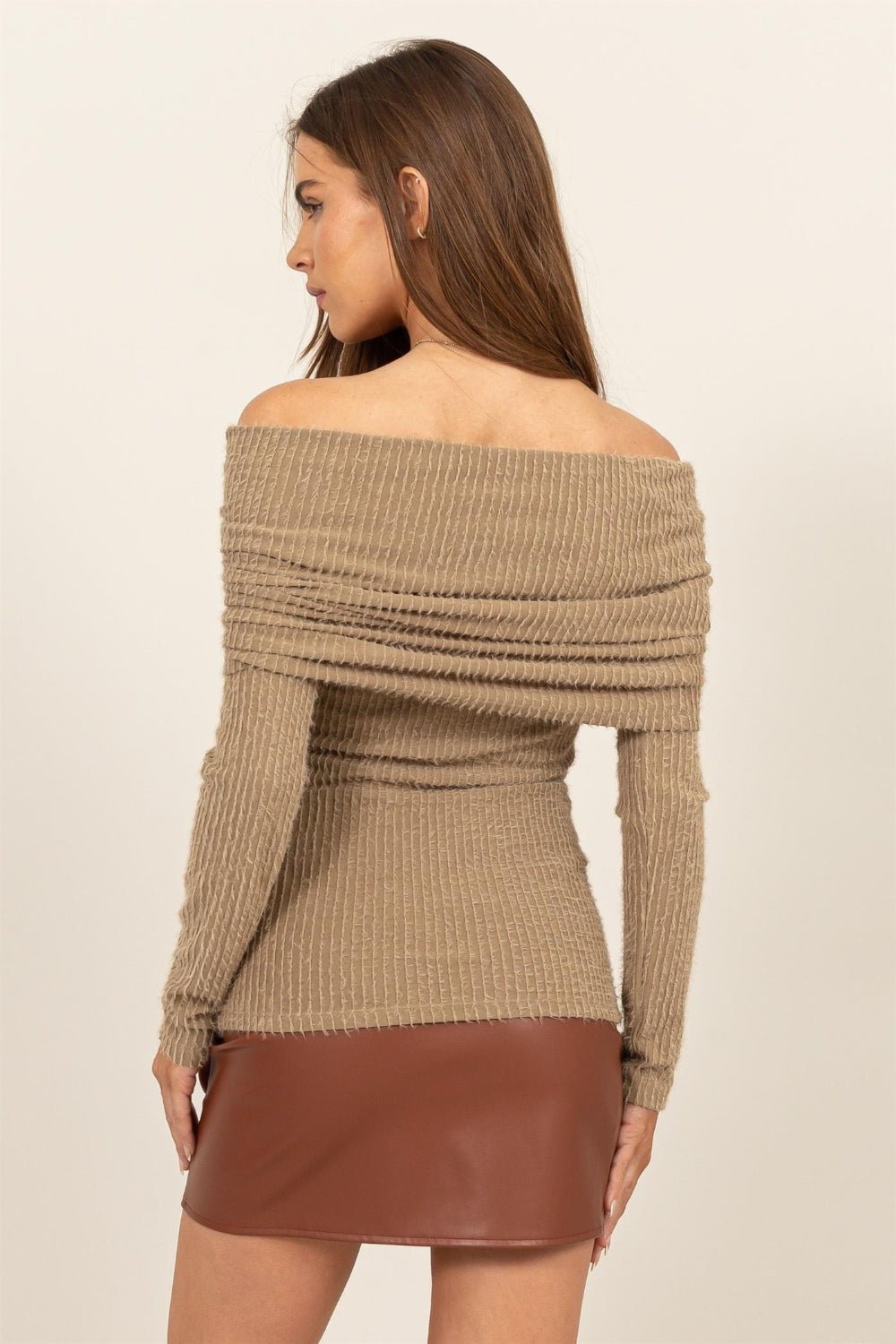 HYFVEFuzzy Off - Shoulder Textured Knit Top in Taupe