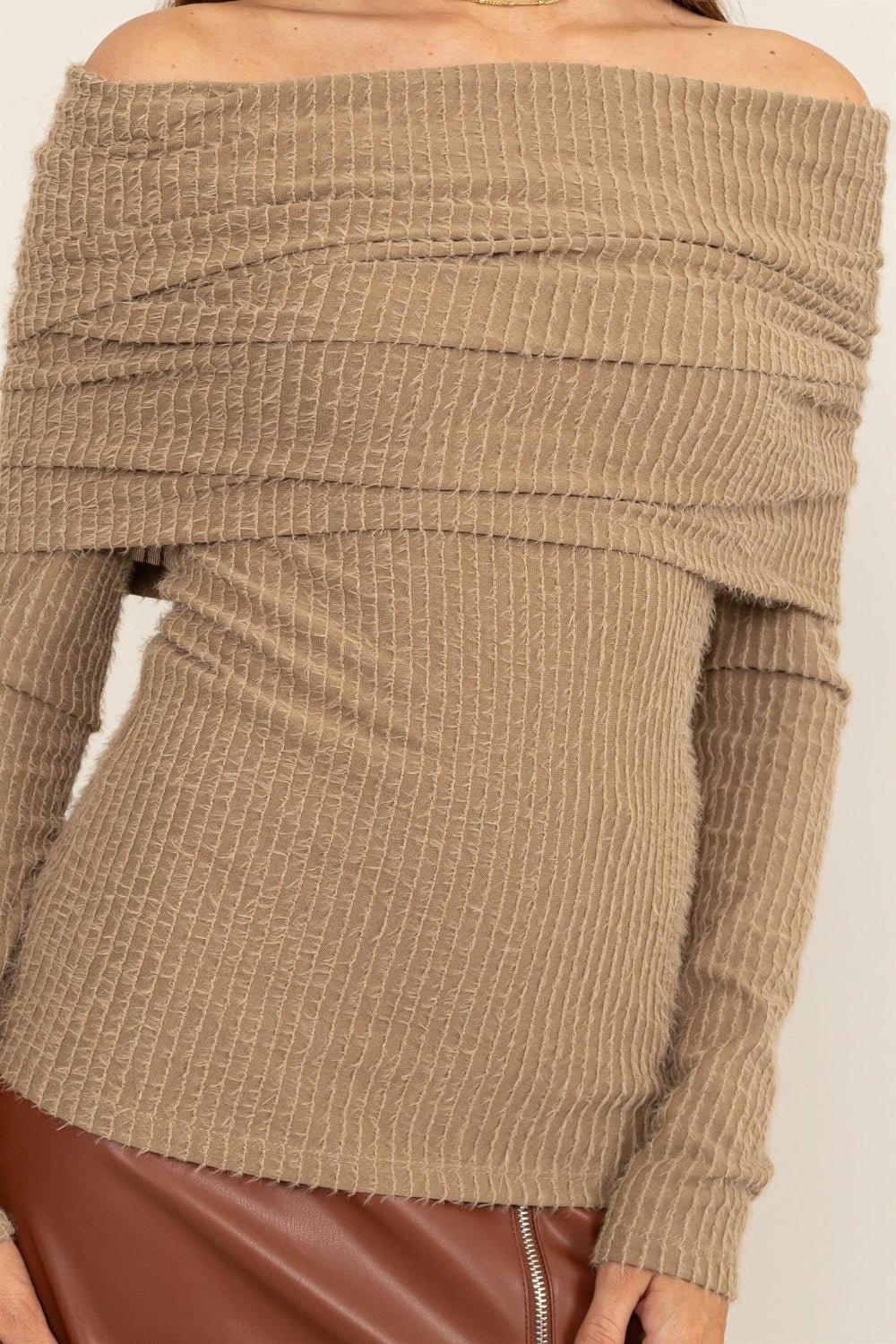 HYFVEFuzzy Off - Shoulder Textured Knit Top in Taupe