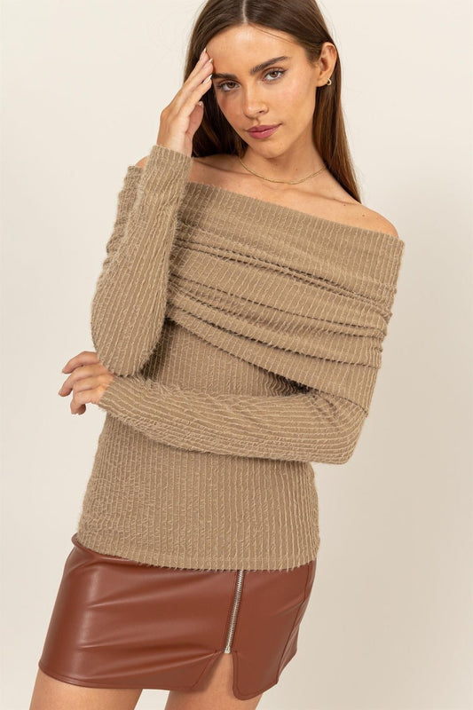 HYFVEFuzzy Off - Shoulder Textured Knit Top in Taupe