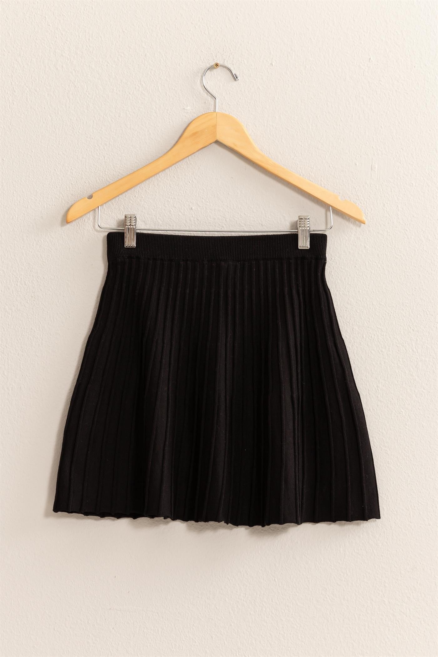 HYFVEHigh Waist Knit Pleated Flare Mini Skirt in Black