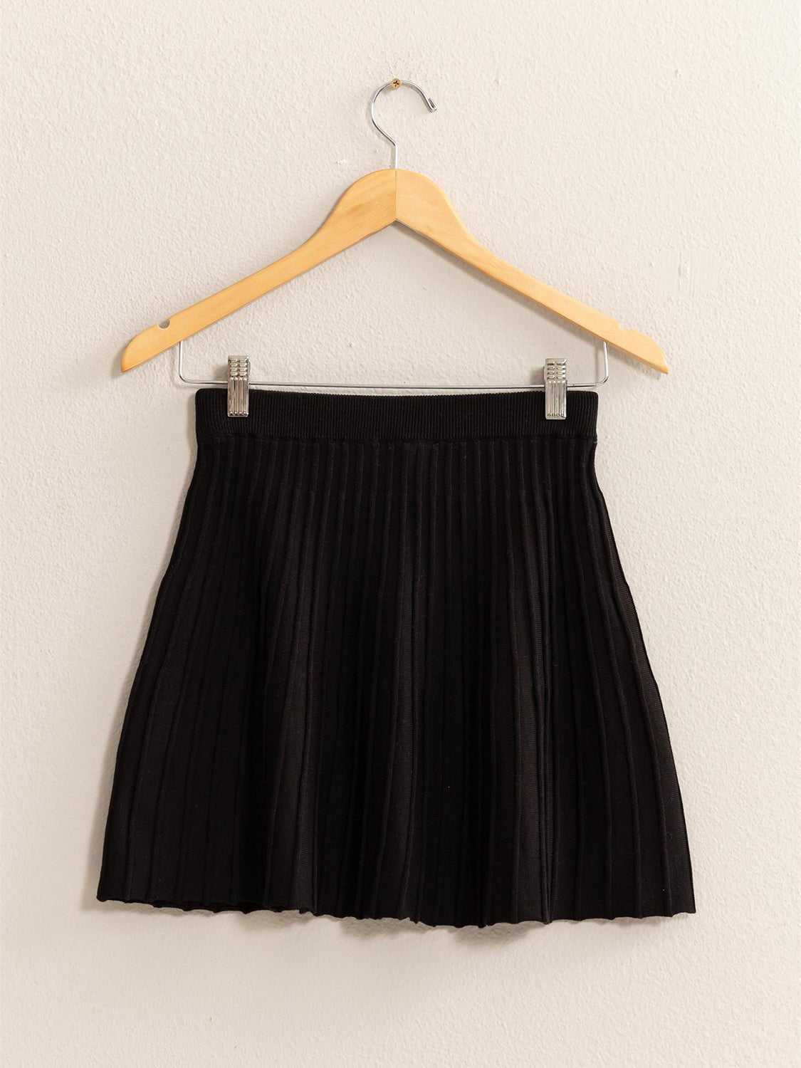 HYFVEHigh Waist Knit Pleated Flare Mini Skirt in Black