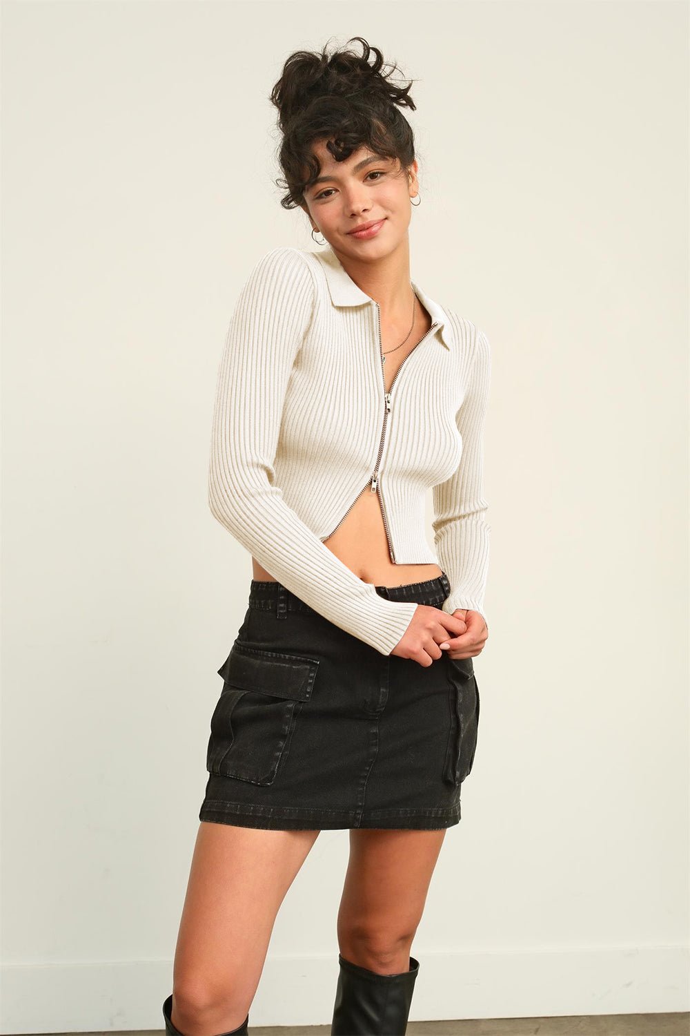 HYFVERib Knit Double Zip Cropped Cardigan in Cream