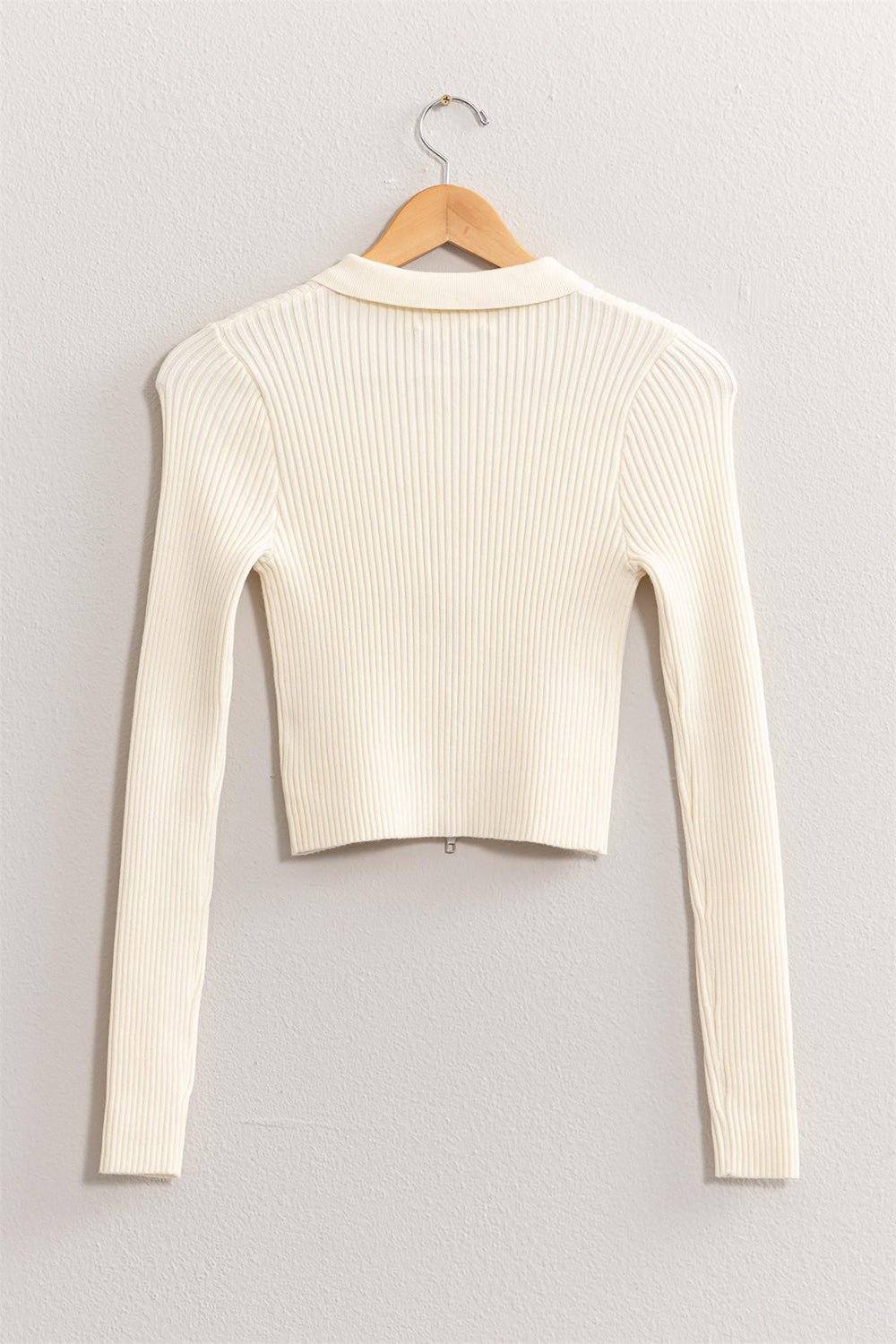 HYFVERib Knit Double Zip Cropped Cardigan in Cream