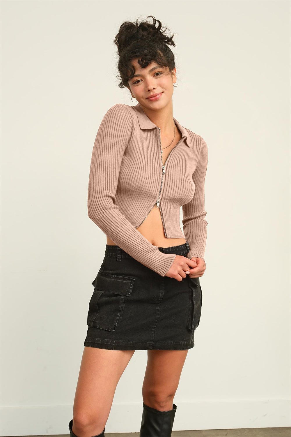 HYFVERib Knit Double Zip Cropped Cardigan in Taupe