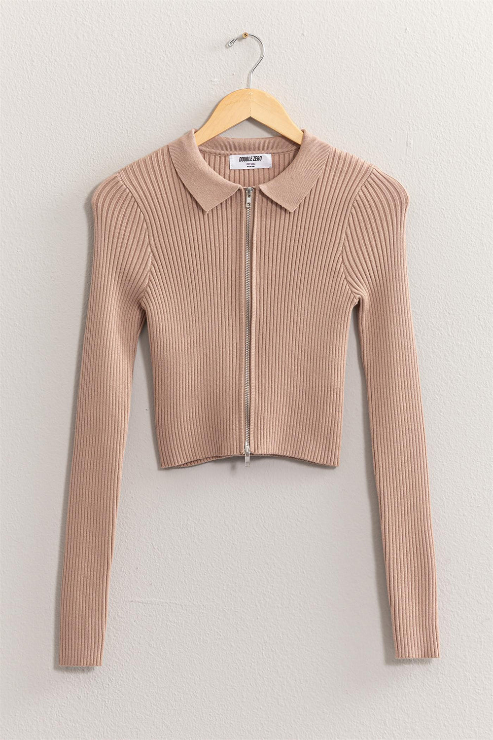 HYFVERib Knit Double Zip Cropped Cardigan in Taupe