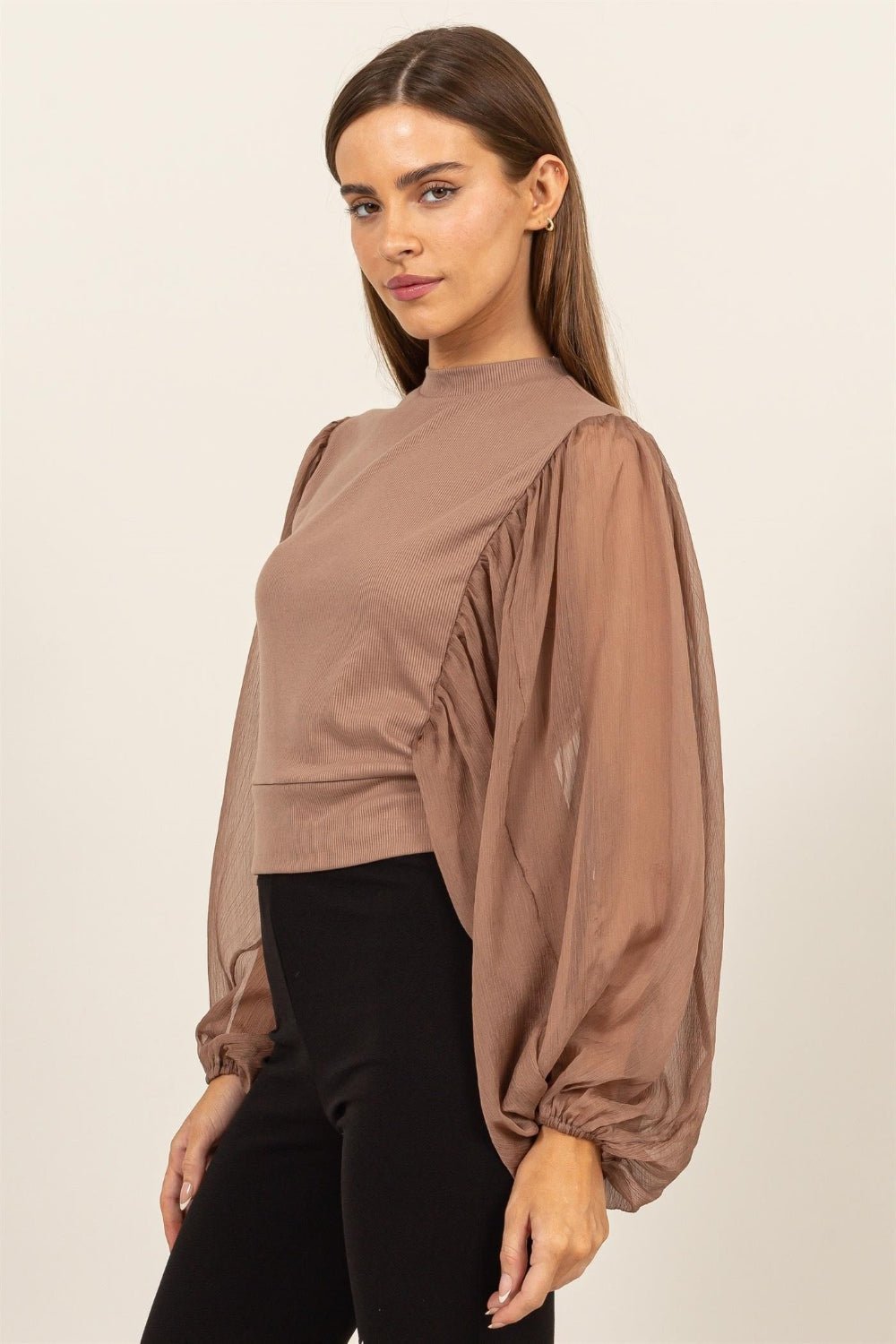 HYFVERuched Sheer Long Sleeve Mock Neck Blouse in Mocha