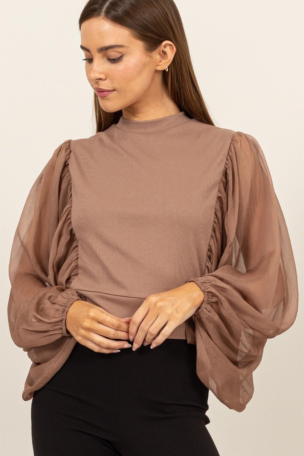 HYFVERuched Sheer Long Sleeve Mock Neck Blouse in Mocha