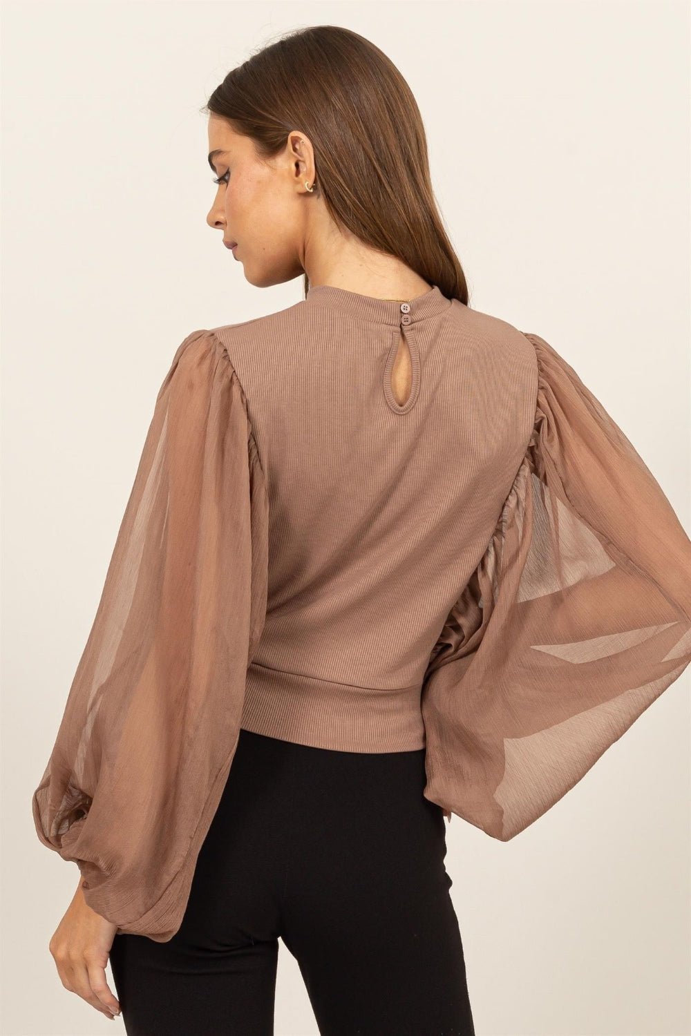 HYFVERuched Sheer Long Sleeve Mock Neck Blouse in Mocha