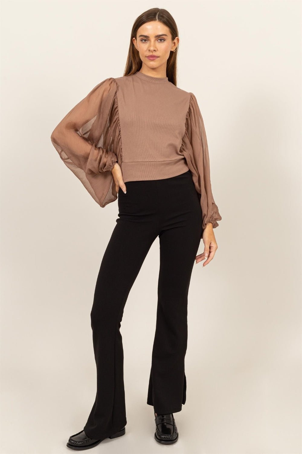 HYFVERuched Sheer Long Sleeve Mock Neck Blouse in Mocha