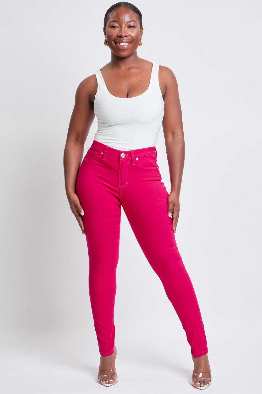 Hyperstretch Mid-Rise Skinny Jeans in Neon PinkJeansYMI Jeanswear