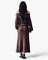 Beach Rose Co. chocolate brown off-shoulder ribbed sweater and midi skirt set viewed from the back.