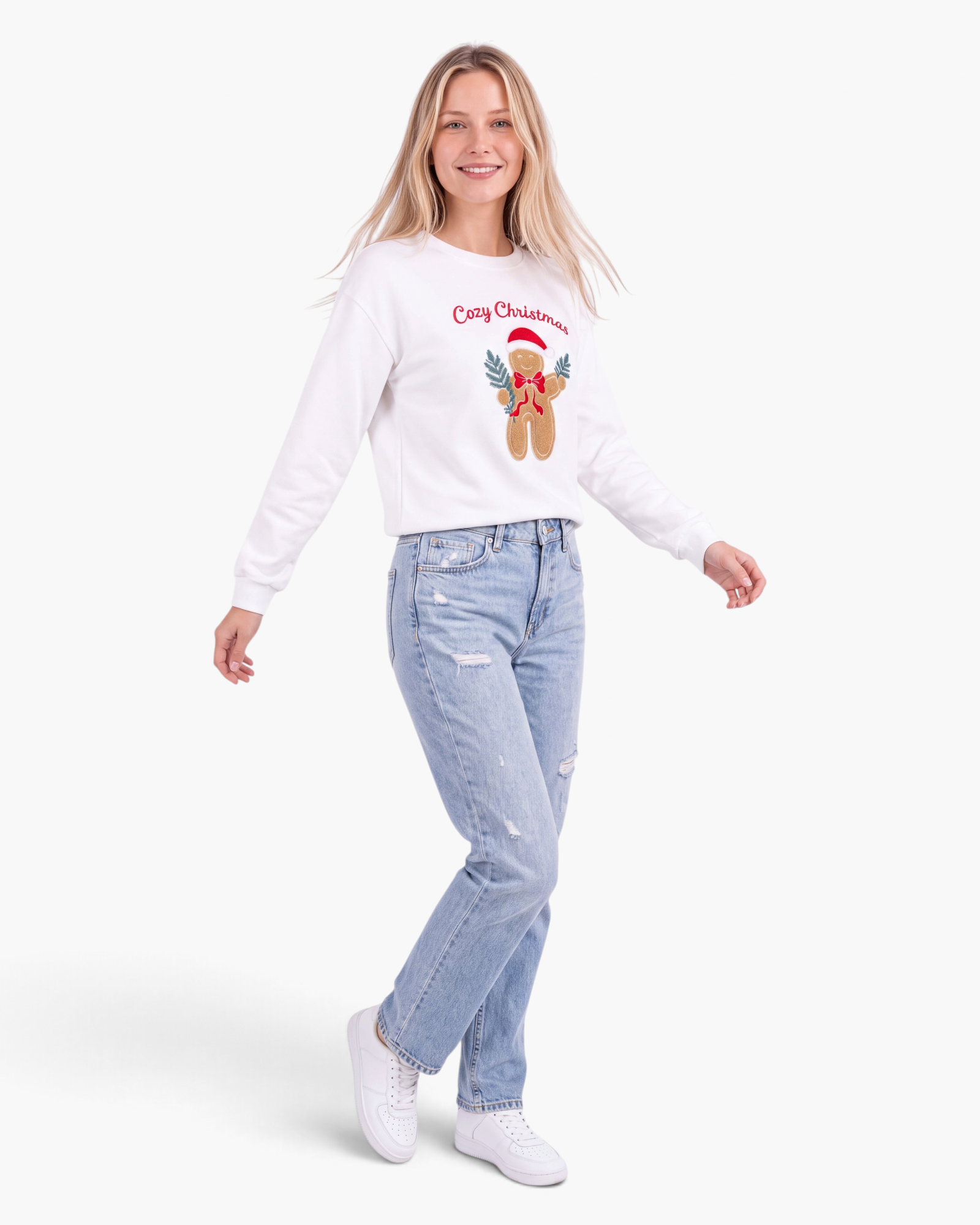 Beach Rose Co. white crewneck sweatshirt featuring a festive gingerbread man graphic with Cozy Christmas lettering.
