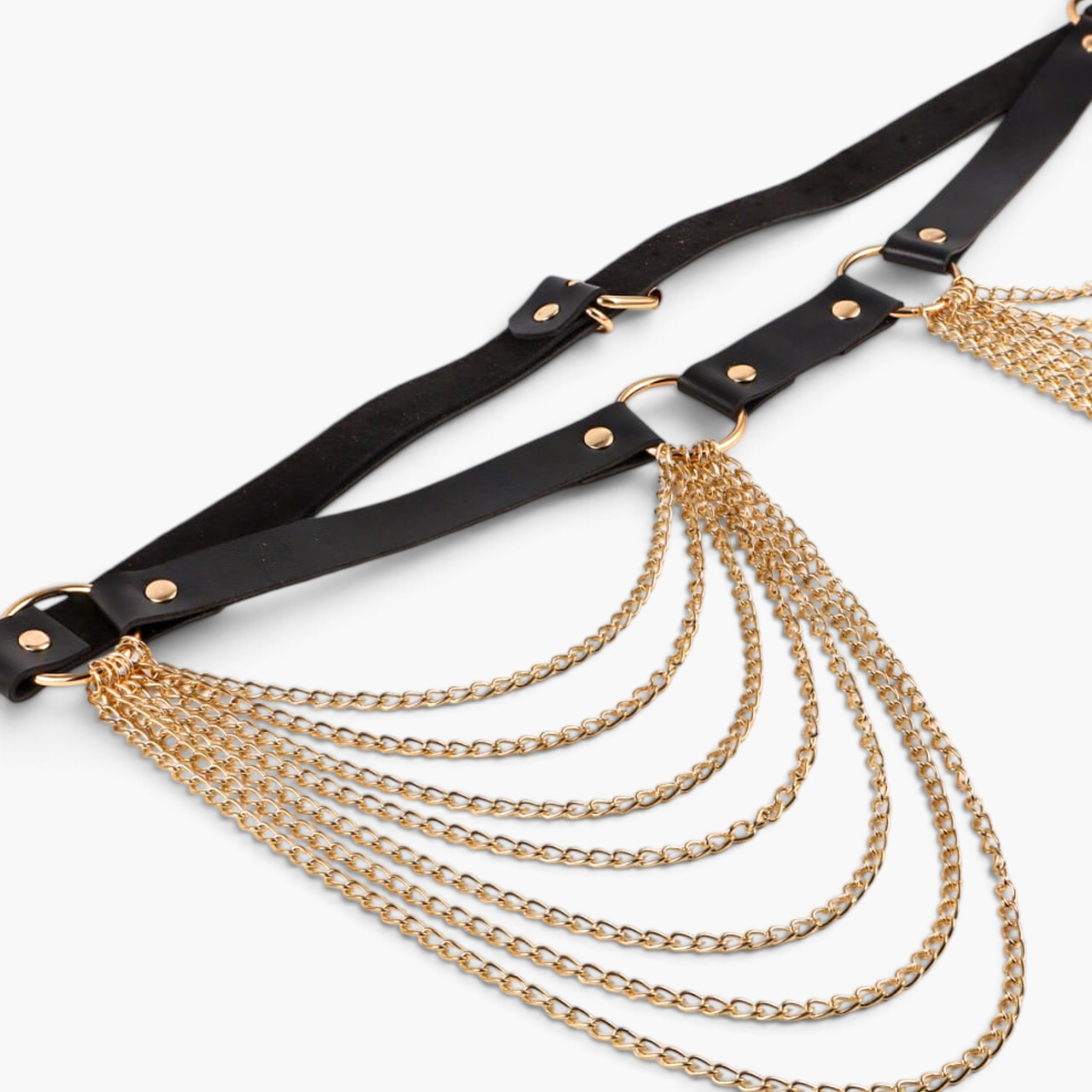 Beach Rose Co. black PU waist belt featuring cascading gold-tone layered chains and ring accents with buckle closure.