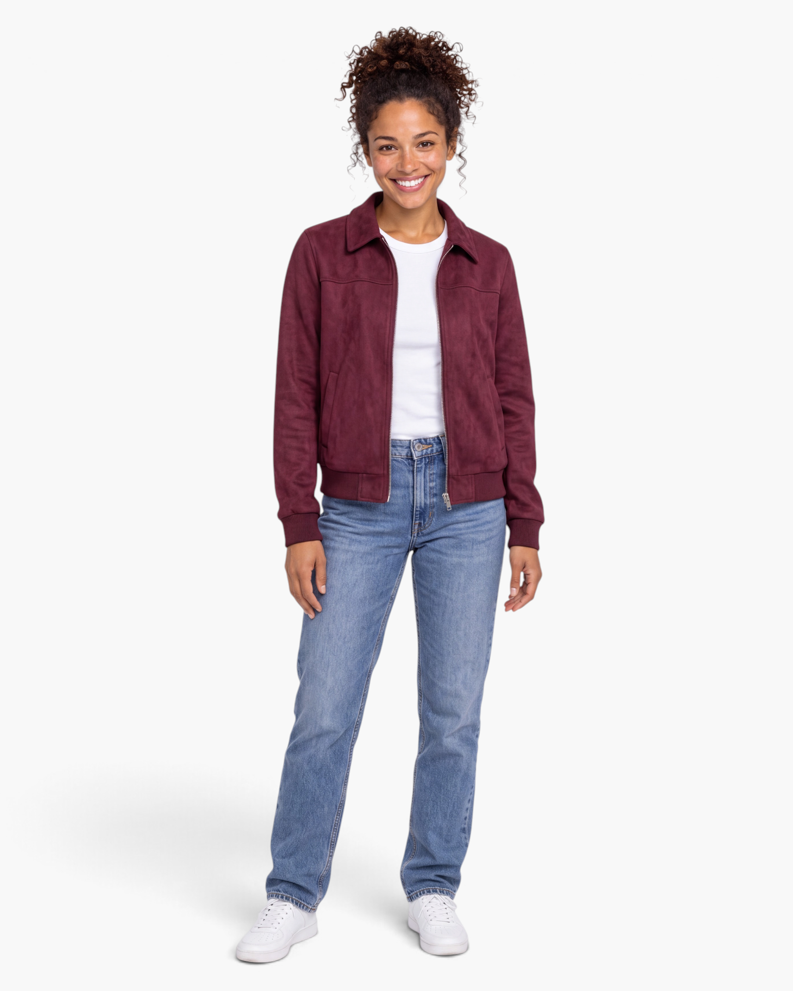 Beach Rose Co. burgundy zip-up jacket with a metal placket collar and long sleeves worn over a white t-shirt.