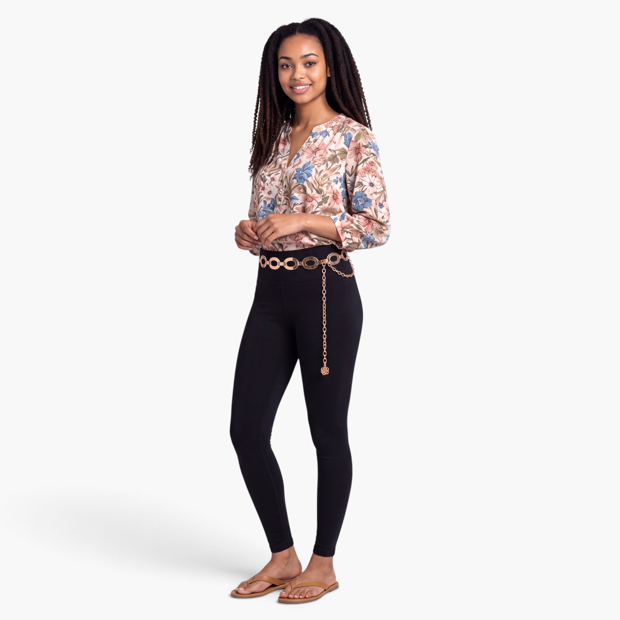 Beach Rose Co. gold-tone ferroalloy chain belt featuring open oval links and a delicate rose charm on a model.