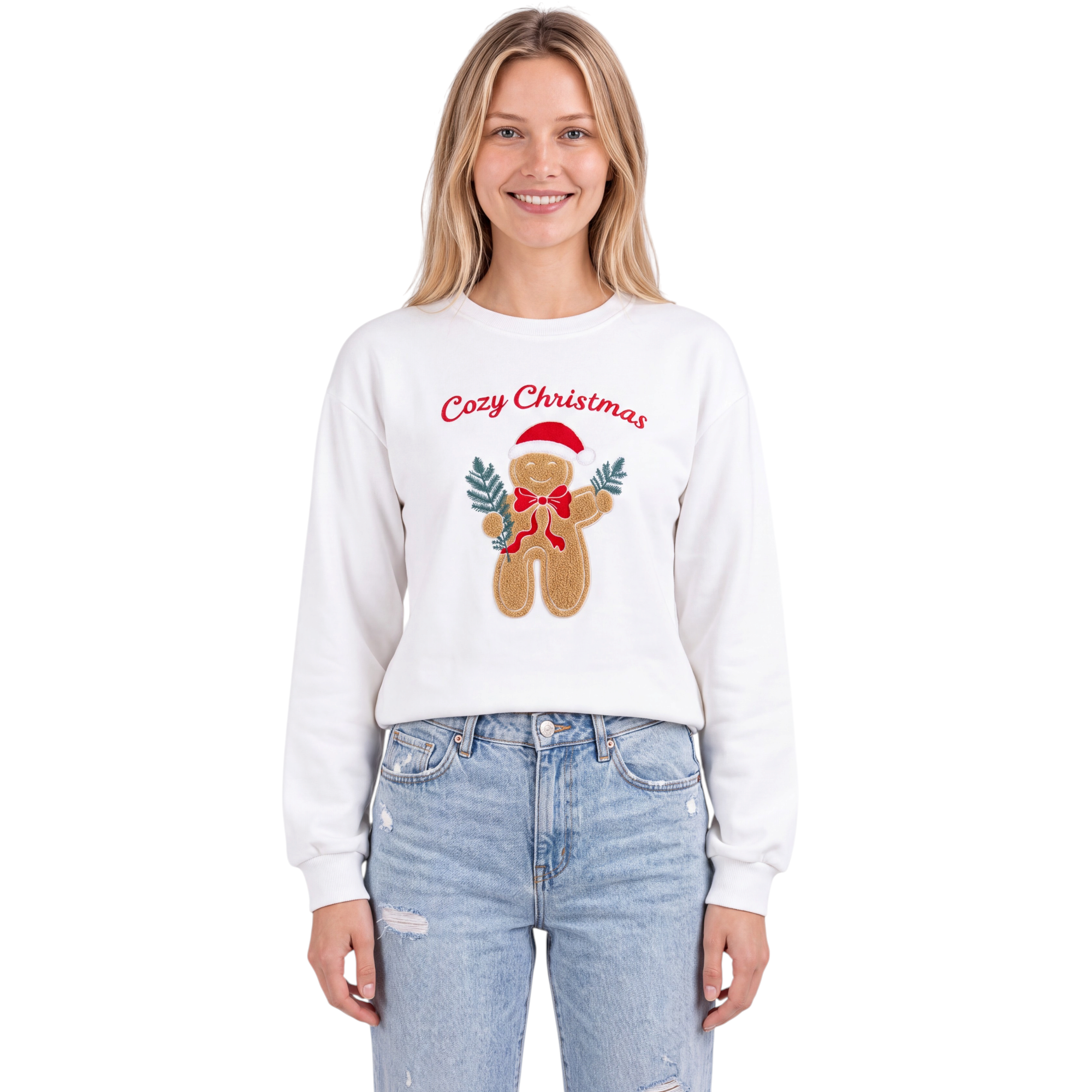 Beach Rose Co. white crewneck sweatshirt featuring a festive gingerbread man graphic and Cozy Christmas lettering.