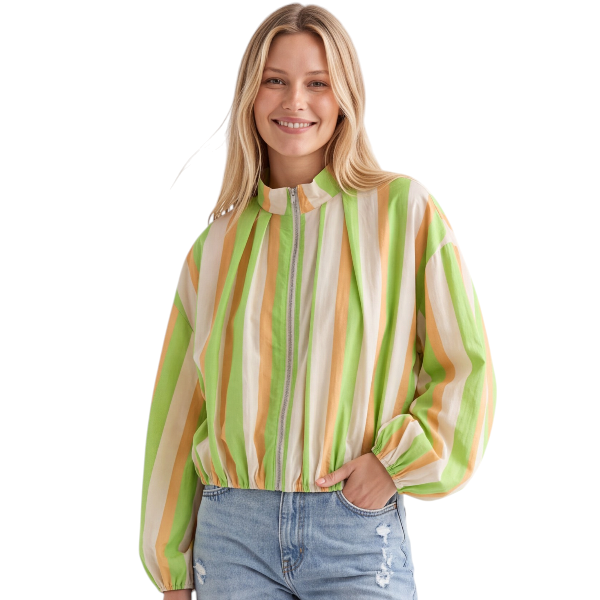 Beach Rose Co. striped zip-up jacket with balloon sleeves, stand collar, and elasticized hem in green and orange.
