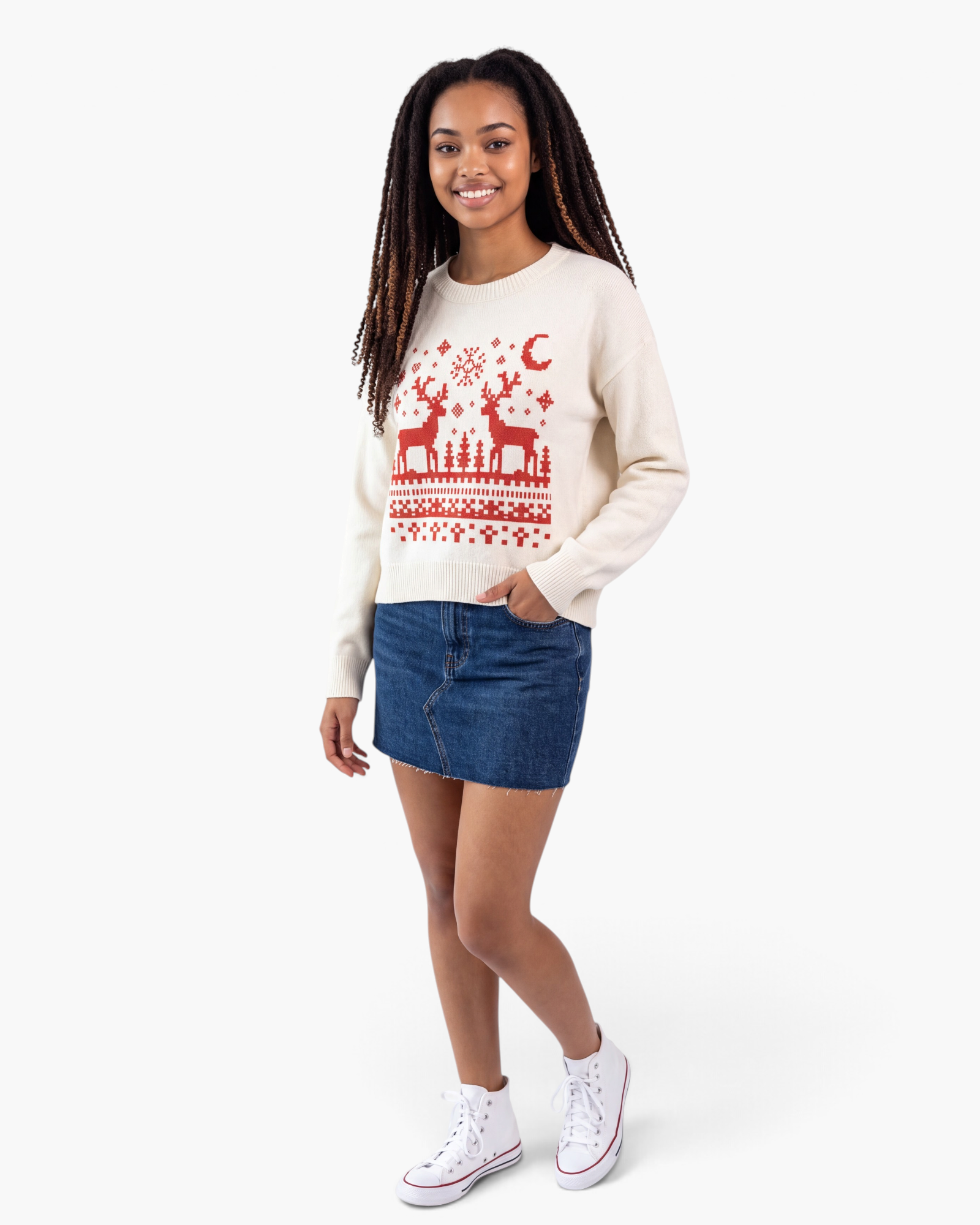 Beach Rose Co. cream knit sweater with red reindeer and snowflake pattern, featuring a crew neck and relaxed fit.