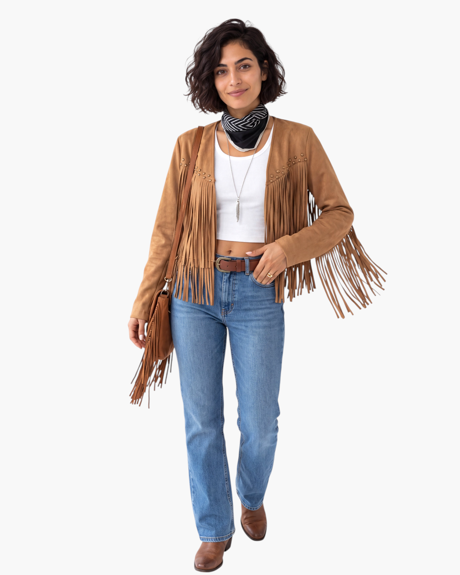 Beach Rose Co. tan faux suede jacket with studded front detailing and long fringe trim in a cropped open-front style.