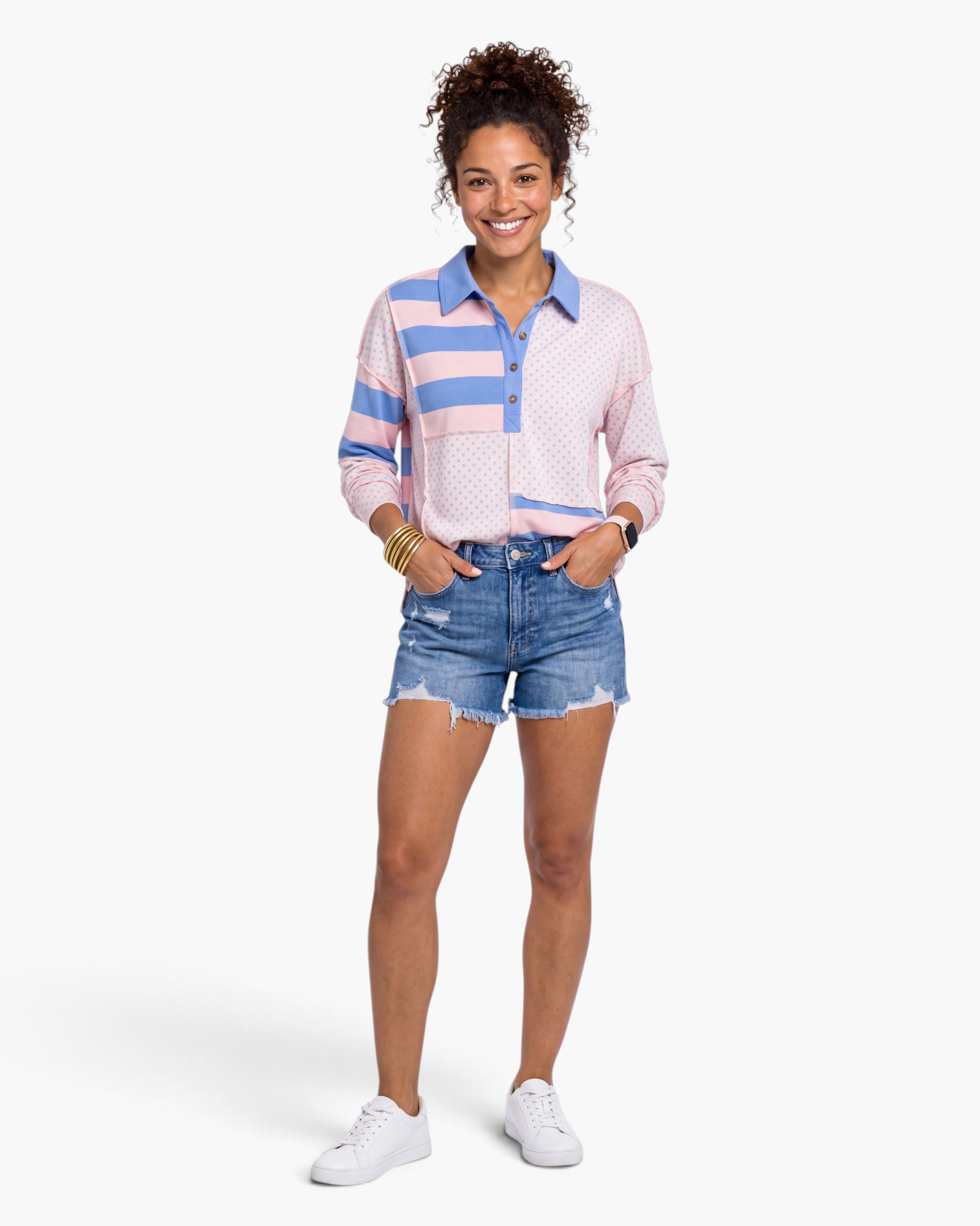 Beach Rose Co. long-sleeve collared top featuring a pink and blue striped and mint polka dot patchwork print.