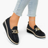 Beach Rose Co. black textured PU leather wedge loafers with a chunky gold-tone chain accent and rounded toe.