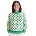 Beach Rose Co. yellow polyester sweatshirt with blue polka dots and green striped trim on a smiling woman.