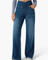 Beach Rose Co. blue stretch denim jeans with a high-rise crossover waistband and relaxed wide-leg silhouette.