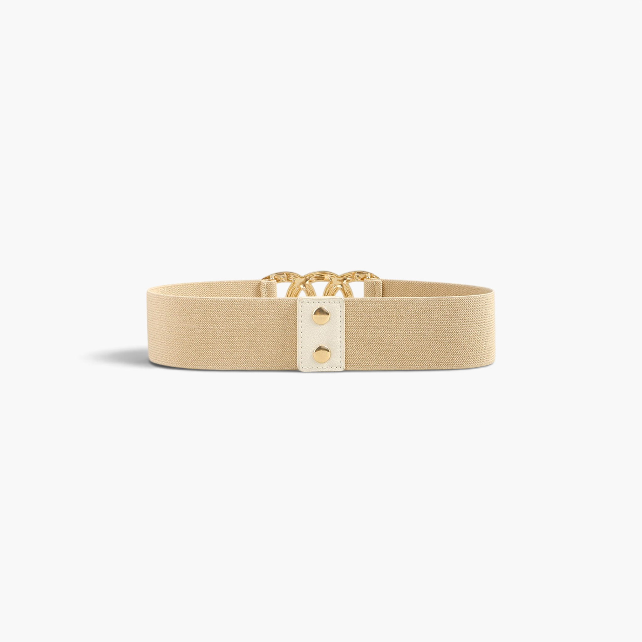 Beach Rose Co. beige elastic stretch belt with a gold-tone triple ring buckle and white faux leather detailing.