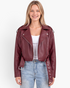 Beach Rose Co. burgundy faux leather moto jacket with asymmetrical zipper, shoulder epaulets, and a grommet belt.