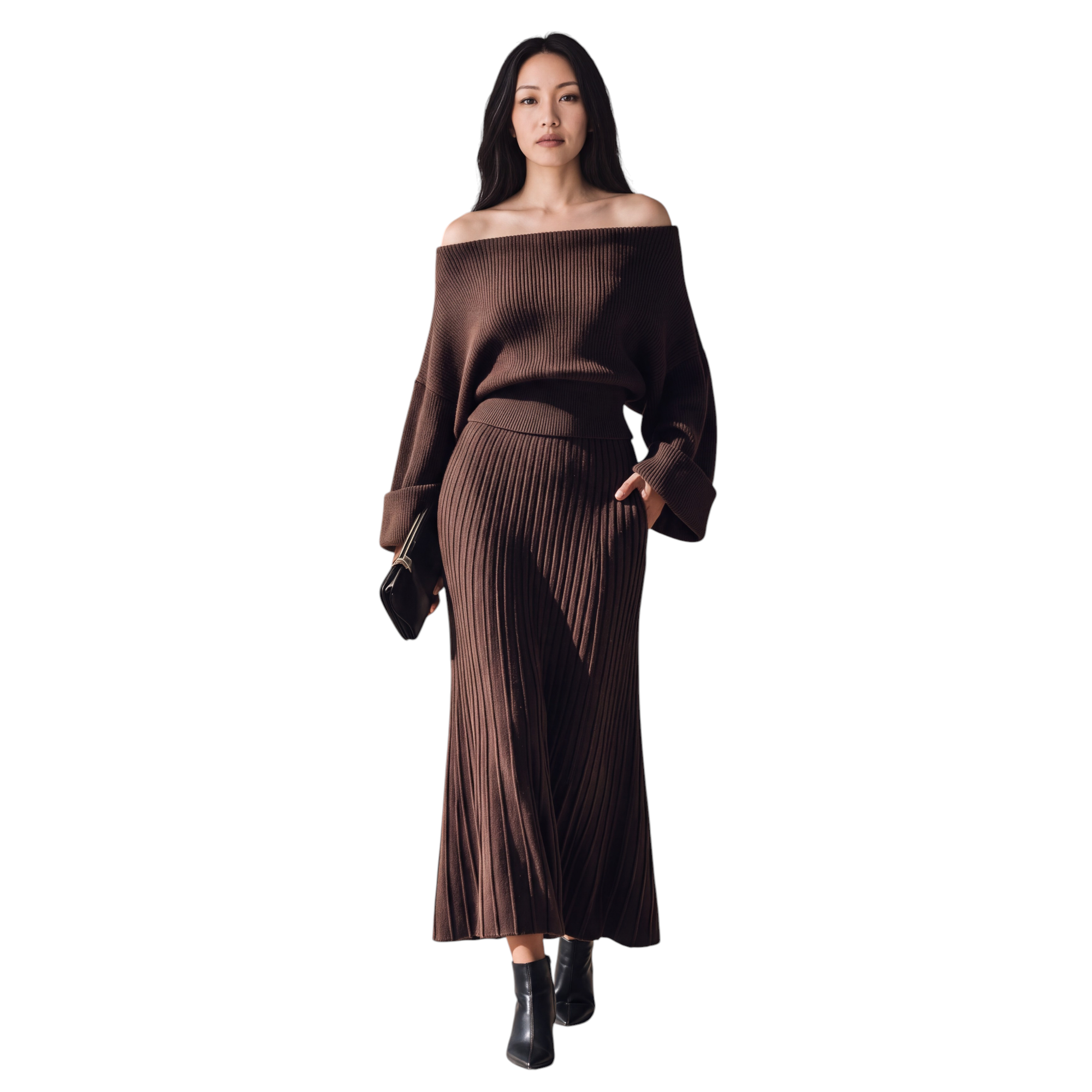 Beach Rose Co. chocolate brown ribbed off-shoulder sweater and midi skirt set with flared hem.