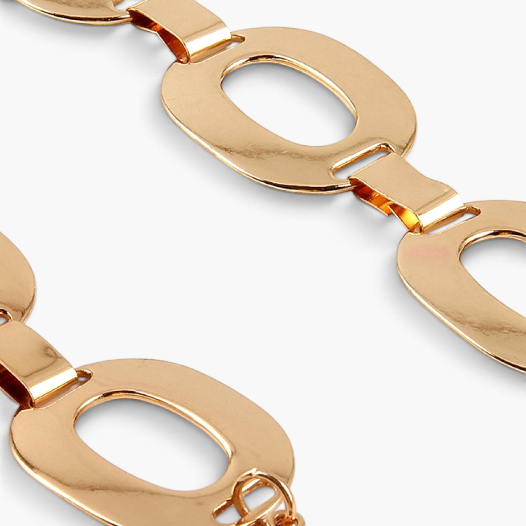 Beach Rose Co. gold-tone ferroalloy chain belt featuring polished open oval links in a close-up view.