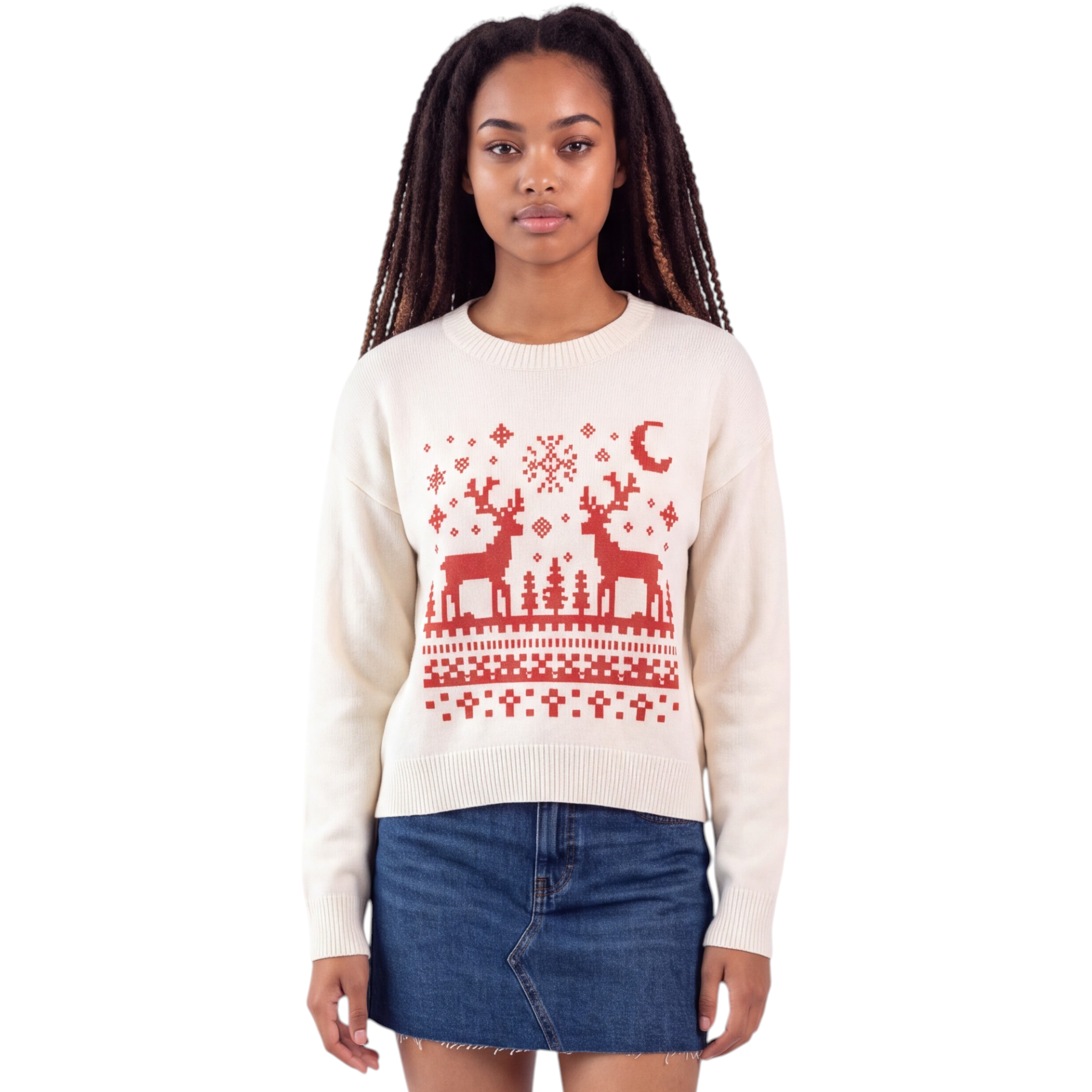 Beach Rose Co. cream knit sweater with red reindeer and snowflake pattern, featuring a relaxed fit and crew neckline.