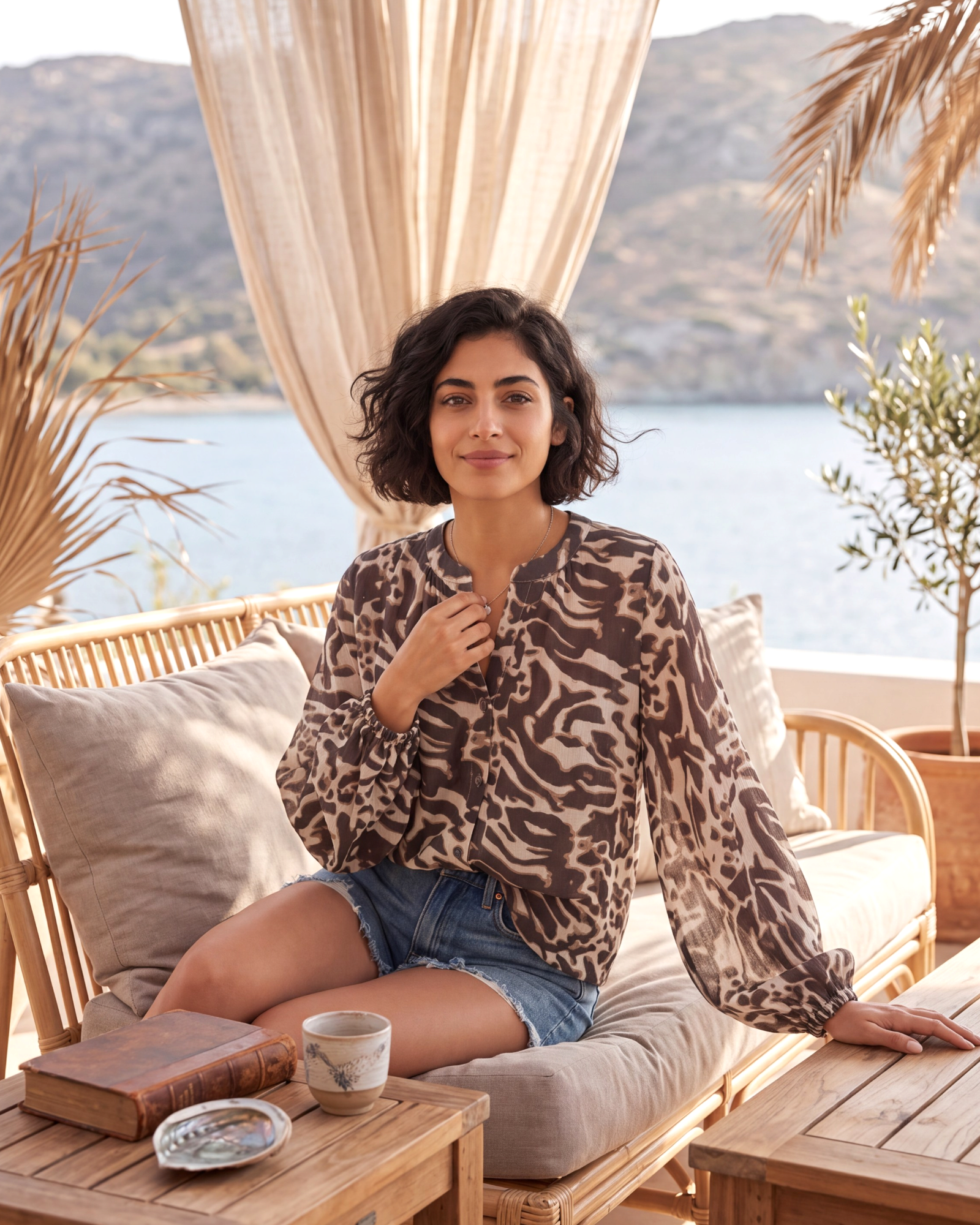 Beach Rose Co. charcoal and cream mixed animal print blouse with long sleeves and a split V-neckline.
