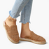 Beach Rose Co. tan crochet-style mesh espadrille mules with braided sole trim worn with cropped jeans.