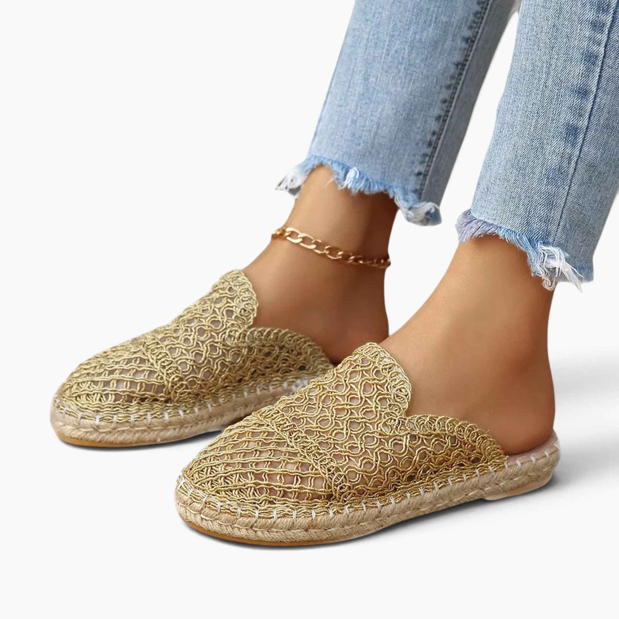 Beach Rose Co. gold crochet-style mesh espadrille mules with braided sole trim and closed round toe.