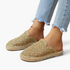Beach Rose Co. gold crochet-style mesh espadrille mules with braided sole trim and closed round toe.