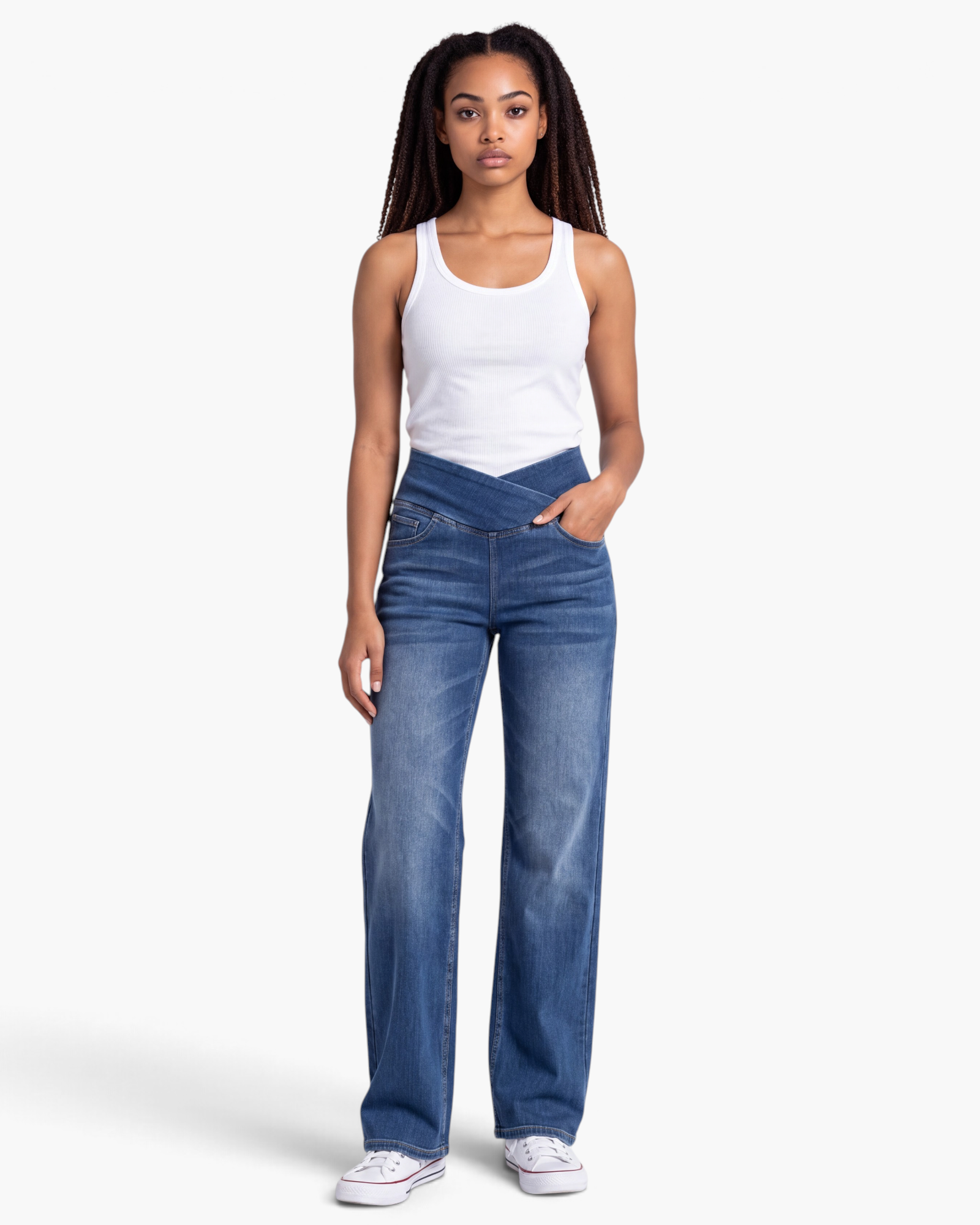 Beach Rose Co. blue stretch denim jeans with a high-rise crossover waistband and wide-leg fit.