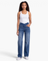 Beach Rose Co. blue stretch denim jeans with a high-rise crossover waistband and wide-leg fit.