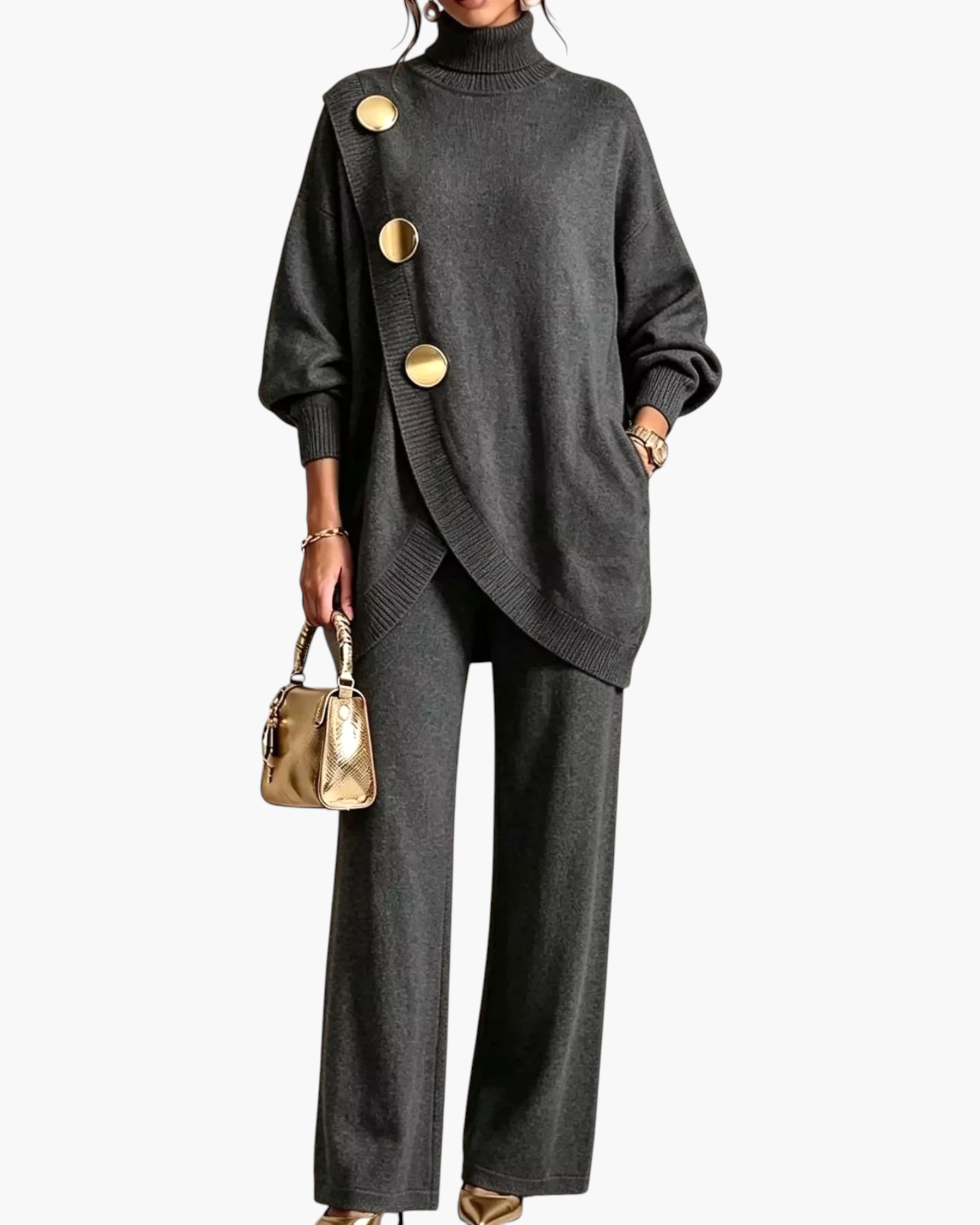 Beach Rose Co. charcoal grey knit turtleneck tunic and wide-leg pants set with oversized gold decorative buttons.