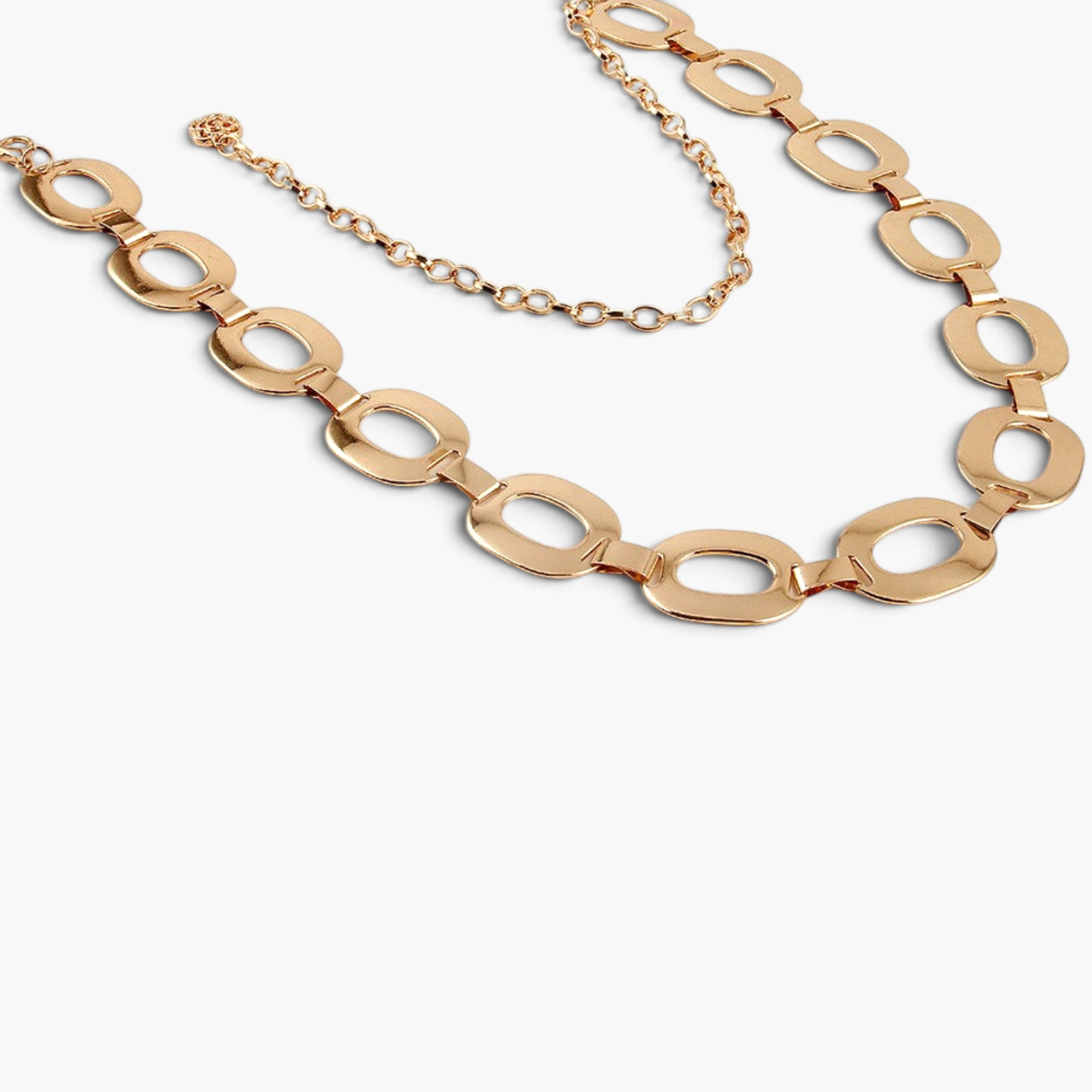 Beach Rose Co. gold-tone ferroalloy chain belt featuring open oval links and an adjustable rose charm closure.
