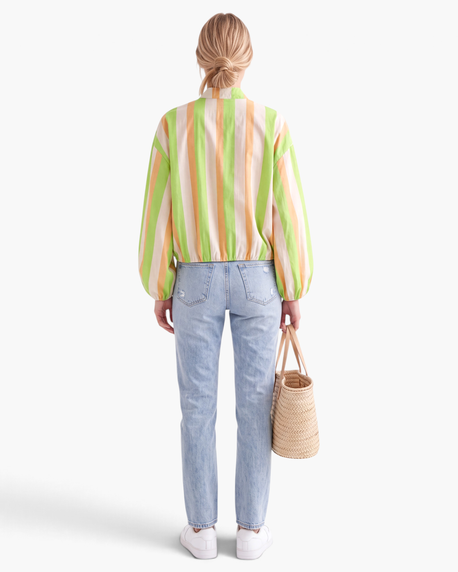 Beach Rose Co. striped zip-up jacket with balloon sleeves and elasticized hem, worn with light wash jeans.