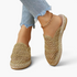 Beach Rose Co. gold crochet-style mesh espadrille mules with braided sole trim and a closed round toe.