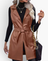 Beach Rose Co. brown faux leather longline vest with notched lapels and a matching waist tie belt.