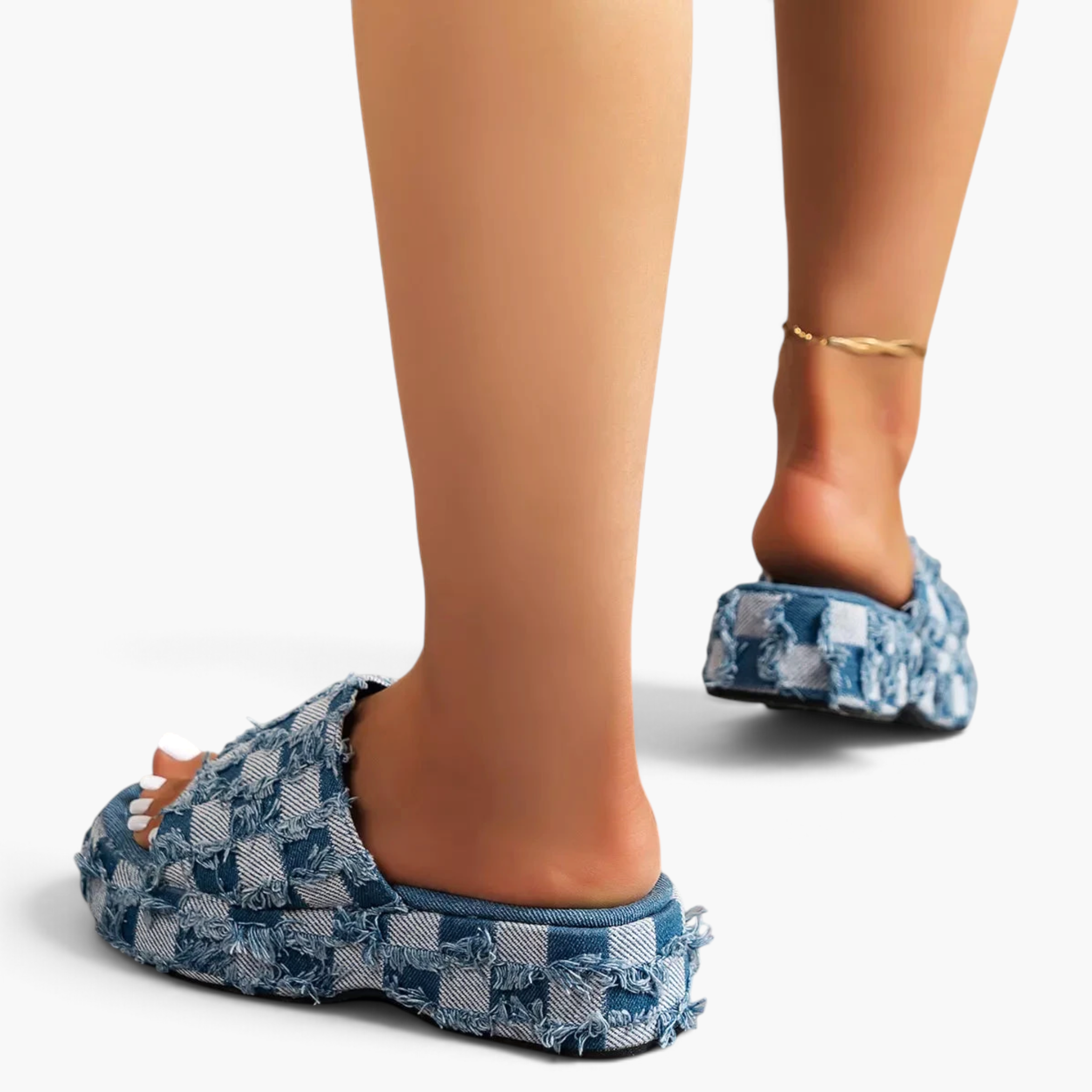Beach Rose Co. blue checkered denim platform slides with frayed edges and a wide slip-on strap.