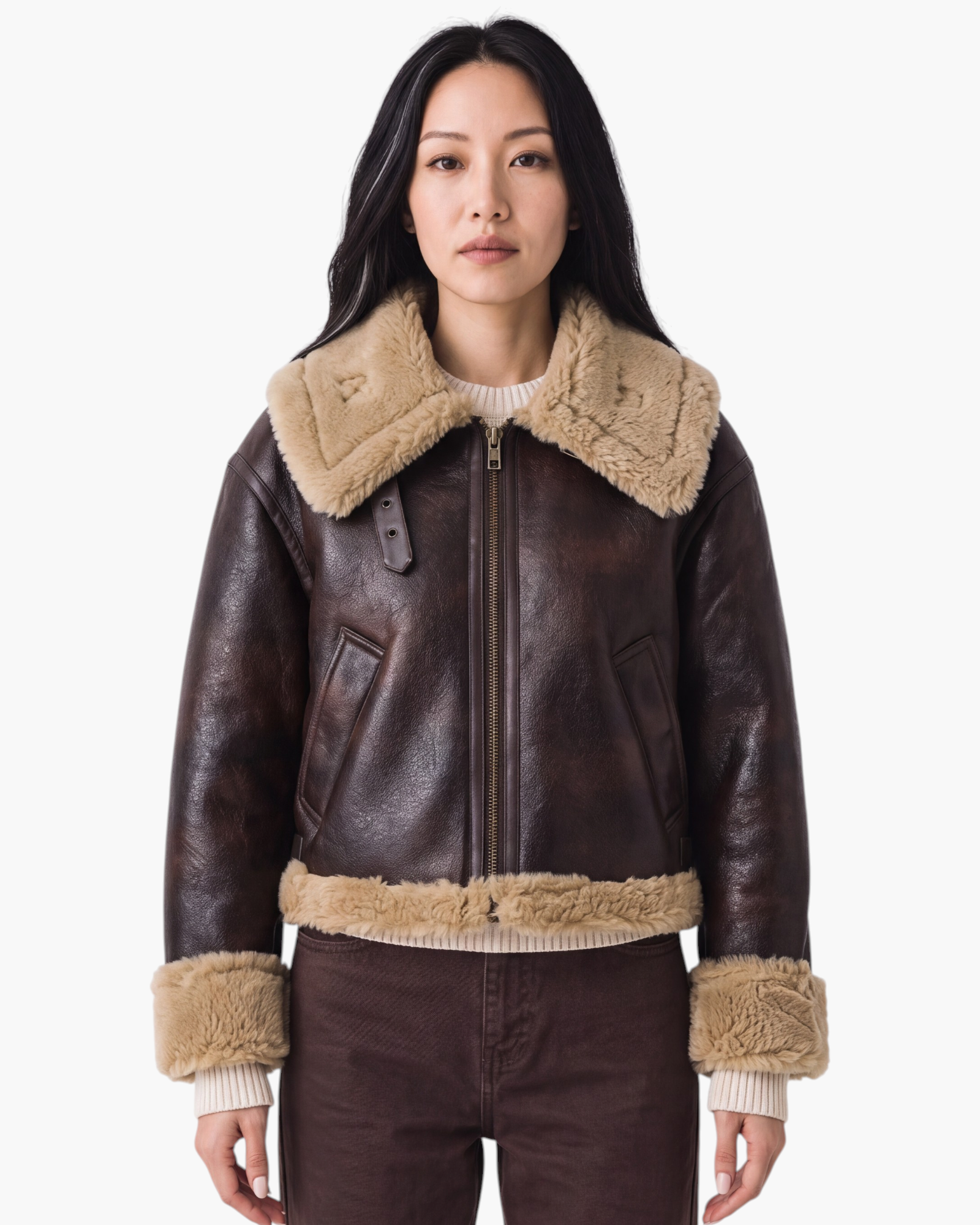 Beach Rose Co. brown faux leather aviator jacket with tan faux shearling collar, cuffs, and hem.