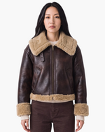 Beach Rose Co. brown faux leather aviator jacket with tan faux shearling collar, cuffs, and hem.