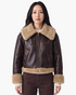 Beach Rose Co. brown faux leather aviator jacket with tan faux shearling collar, cuffs, and hem.