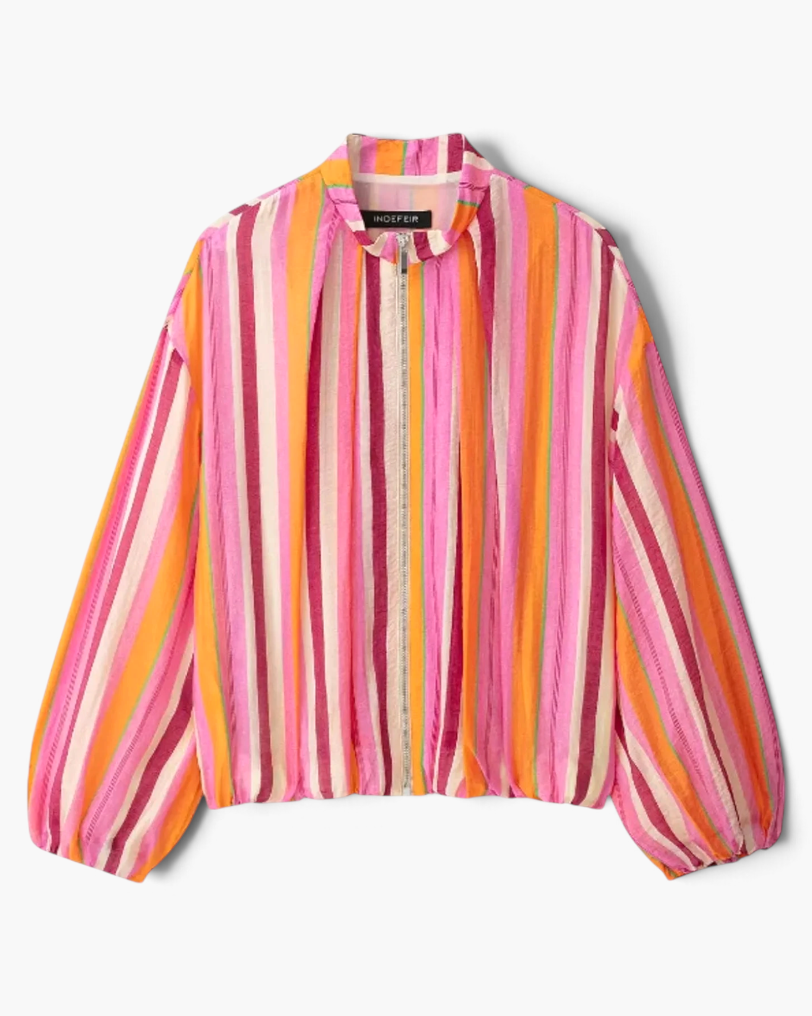 Beach Rose Co. zip-up jacket in a vibrant vertical striped pattern with balloon sleeves and a stand collar.