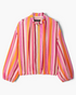 Beach Rose Co. zip-up jacket in a vibrant vertical striped pattern with balloon sleeves and a stand collar.
