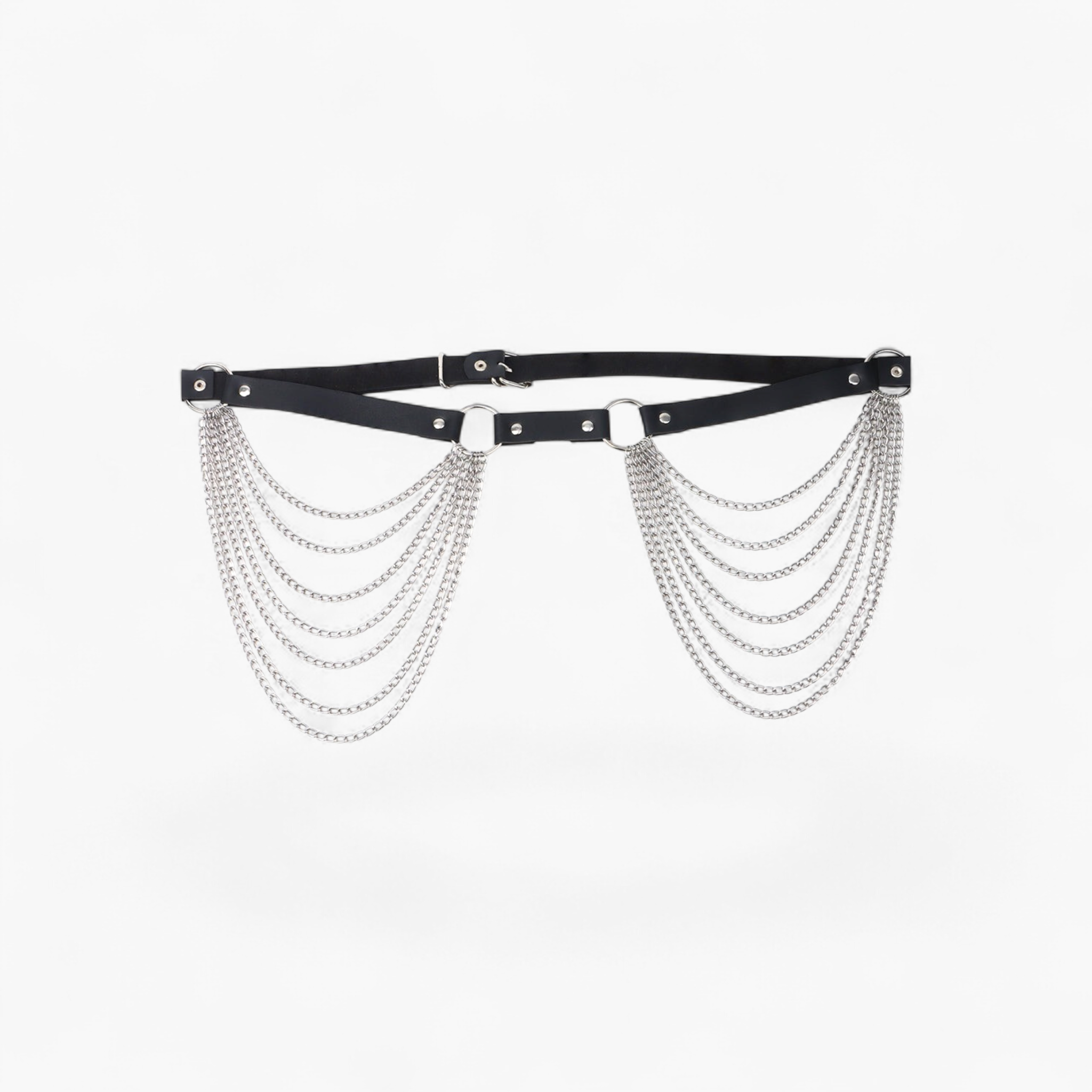 Beach Rose Co. black PU waist belt featuring cascading silver aluminum chains and ring accents with a buckle closure.
